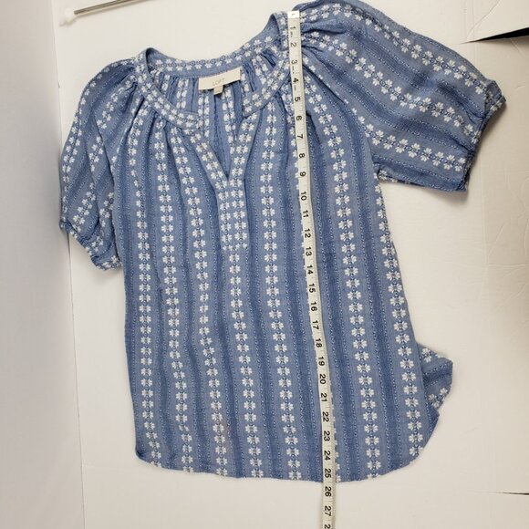 Loft XXS Blue White Embroidery Cotton Women Spring Blouse Top Short Sleeve - Picture 9 of 14